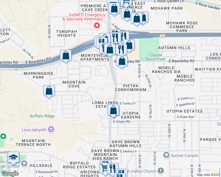 map of restaurants, bars, coffee shops, grocery stores, and more near 19824 North Cave Creek Road in Phoenix