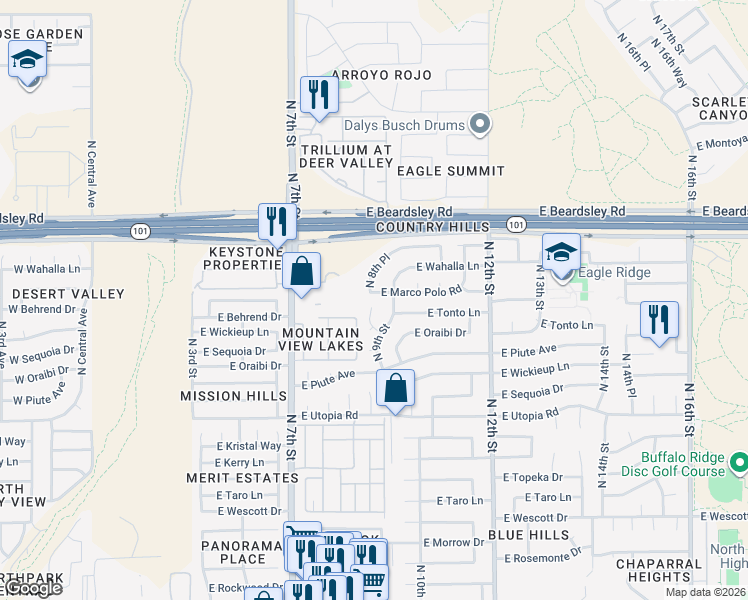 map of restaurants, bars, coffee shops, grocery stores, and more near 19659 North 8th Place in Phoenix