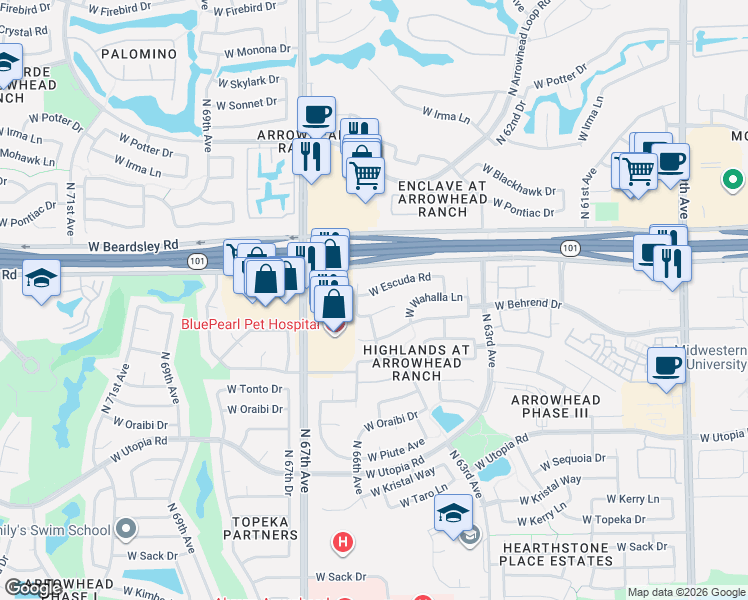 map of restaurants, bars, coffee shops, grocery stores, and more near 6498 West Wahalla Lane in Glendale