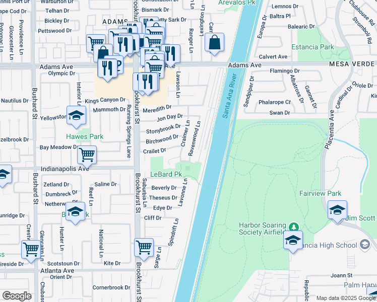 map of restaurants, bars, coffee shops, grocery stores, and more near 20431 Ravenwood Lane in Huntington Beach