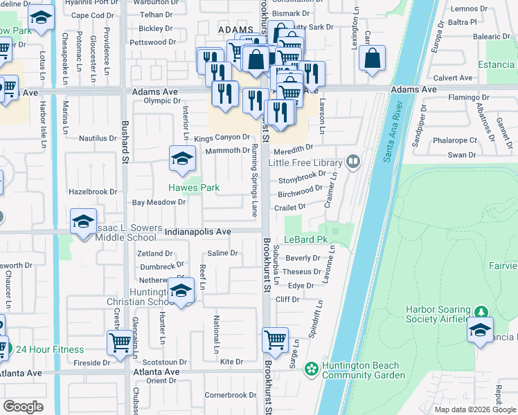 map of restaurants, bars, coffee shops, grocery stores, and more near 20422 Running Springs Lane in Huntington Beach
