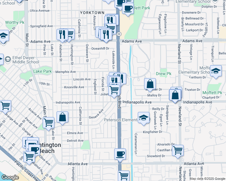 map of restaurants, bars, coffee shops, grocery stores, and more near 1009 Georgia Street in Huntington Beach