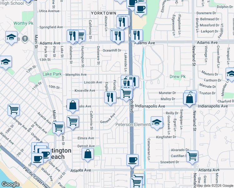 map of restaurants, bars, coffee shops, grocery stores, and more near 1009 Georgia Street in Huntington Beach