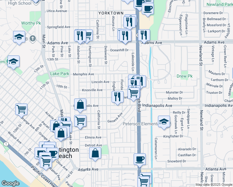 map of restaurants, bars, coffee shops, grocery stores, and more near 1006 England Street in Huntington Beach
