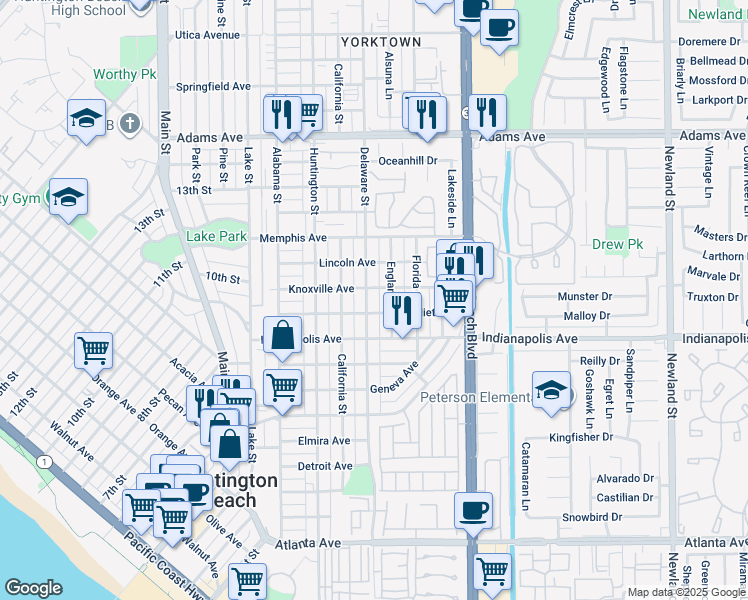 map of restaurants, bars, coffee shops, grocery stores, and more near 1001 Delaware Street in Huntington Beach