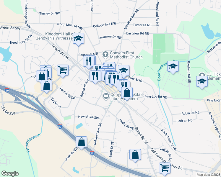 map of restaurants, bars, coffee shops, grocery stores, and more near 923 Commercial Street Northeast in Conyers