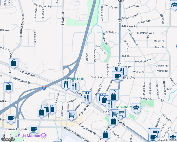 map of restaurants, bars, coffee shops, grocery stores, and more near 3230 Hope Street in Hapeville