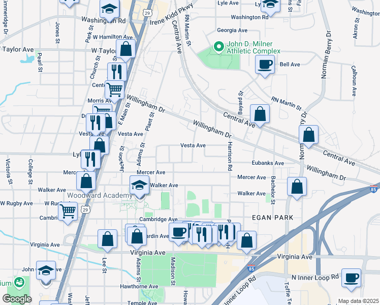 map of restaurants, bars, coffee shops, grocery stores, and more near 3273 Elm Street in Atlanta