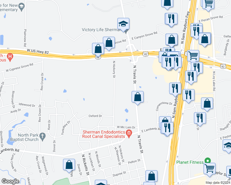 map of restaurants, bars, coffee shops, grocery stores, and more near 3013 North Hickory Street in Sherman