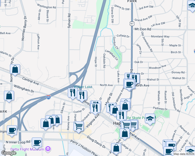 map of restaurants, bars, coffee shops, grocery stores, and more near 3230 Hope Street in Hapeville