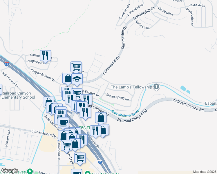 map of restaurants, bars, coffee shops, grocery stores, and more near 31700 Ridgeview Drive in Lake Elsinore