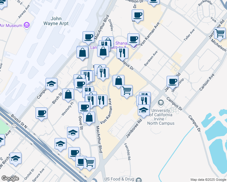 map of restaurants, bars, coffee shops, grocery stores, and more near 4440 Von Karman Avenue in Newport Beach