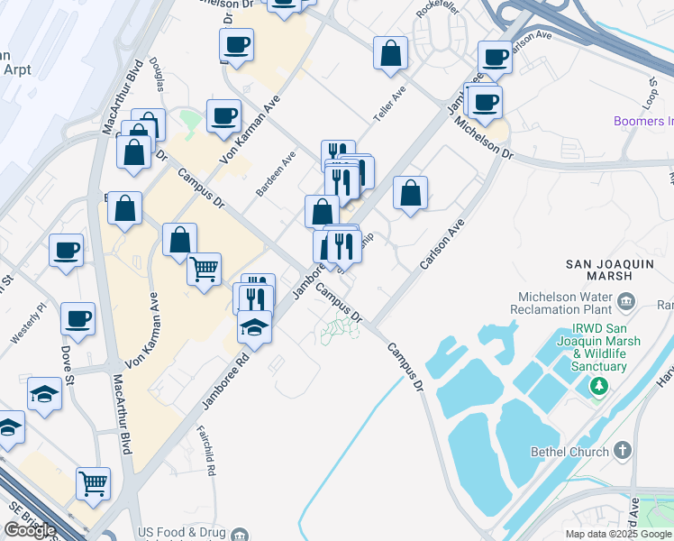 map of restaurants, bars, coffee shops, grocery stores, and more near 5082 Scholarship in Irvine