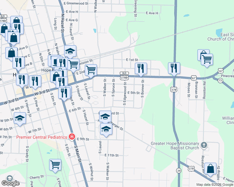 map of restaurants, bars, coffee shops, grocery stores, and more near 505 South Spruce Street in Hope