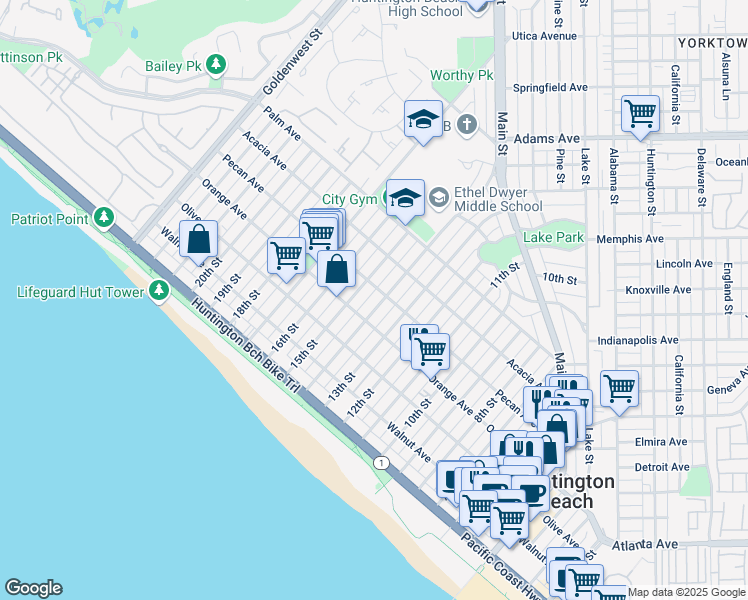 map of restaurants, bars, coffee shops, grocery stores, and more near 422 14th Street in Huntington Beach