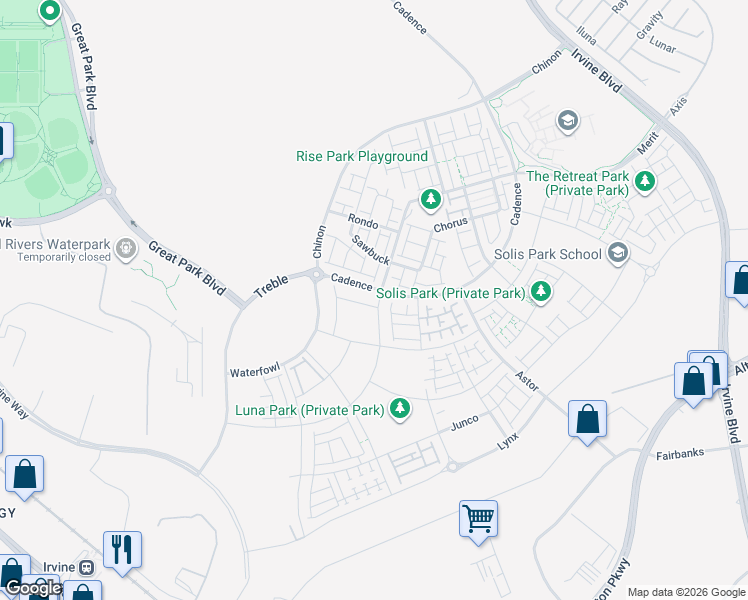 map of restaurants, bars, coffee shops, grocery stores, and more near 179 Merit in Irvine