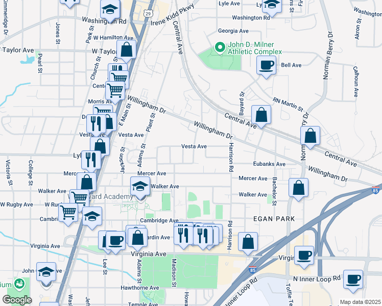 map of restaurants, bars, coffee shops, grocery stores, and more near 3273 Elm Street in Atlanta