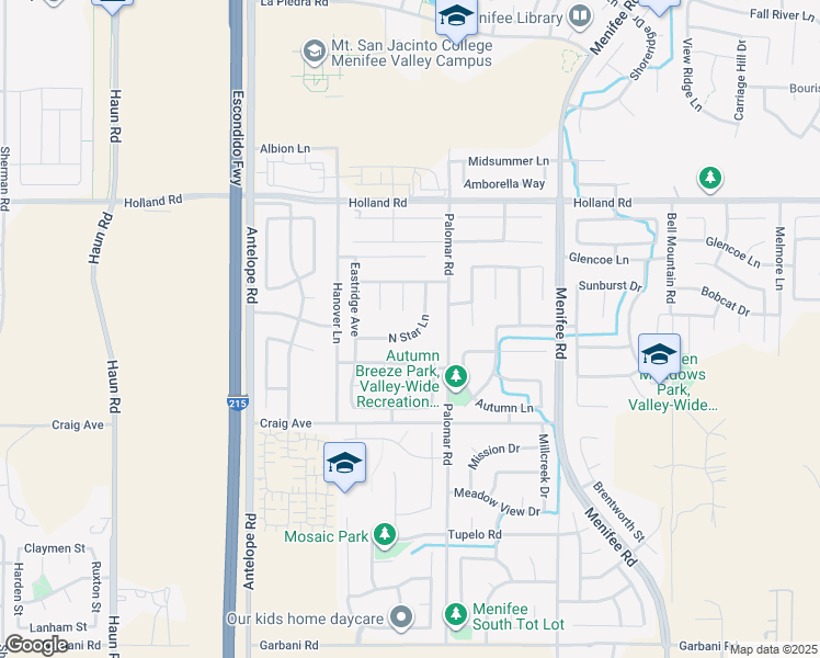 map of restaurants, bars, coffee shops, grocery stores, and more near 28404 North Star Lane in Menifee