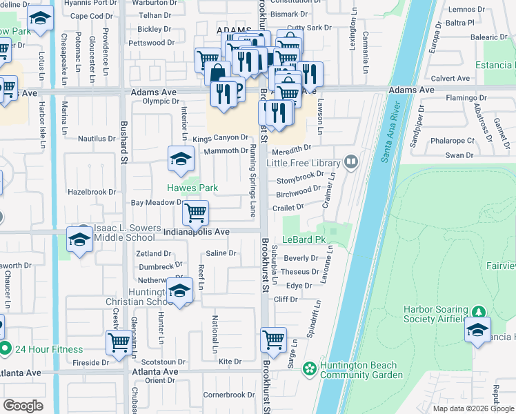 map of restaurants, bars, coffee shops, grocery stores, and more near 20392 Running Springs Lane in Huntington Beach