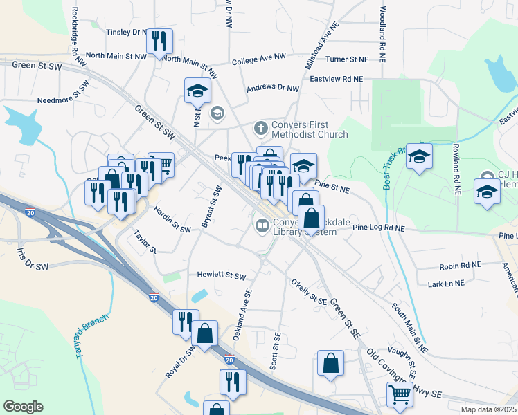 map of restaurants, bars, coffee shops, grocery stores, and more near 1504 Renaissance Drive Northeast in Conyers