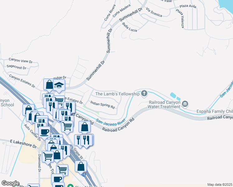 map of restaurants, bars, coffee shops, grocery stores, and more near 31777 Canyon Ridge Drive in Lake Elsinore