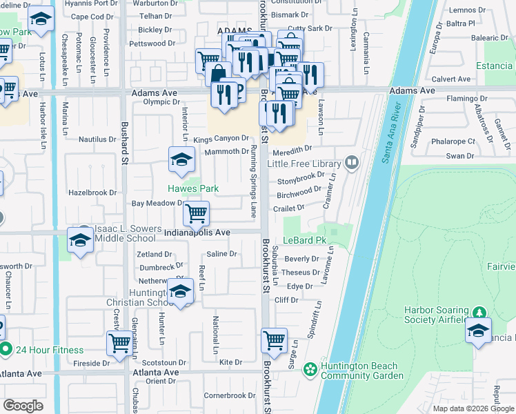 map of restaurants, bars, coffee shops, grocery stores, and more near 20422 Running Springs Lane in Huntington Beach