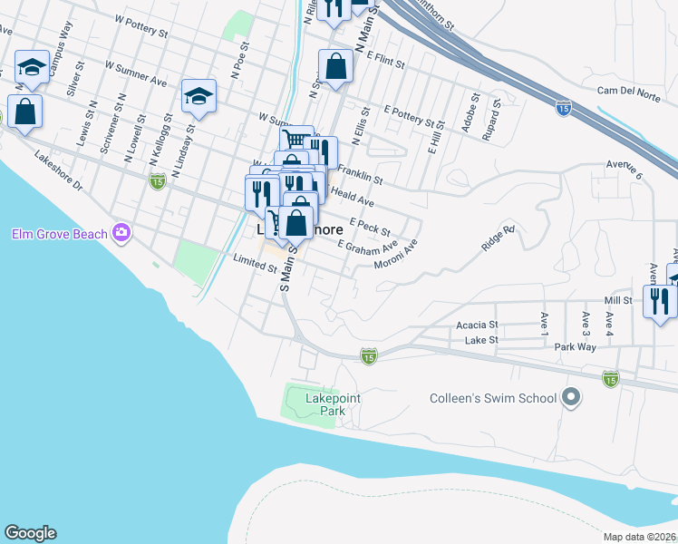 map of restaurants, bars, coffee shops, grocery stores, and more near 237 East Prospect Street in Lake Elsinore