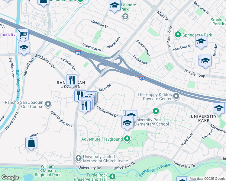map of restaurants, bars, coffee shops, grocery stores, and more near 4251 Peabody Way in Irvine