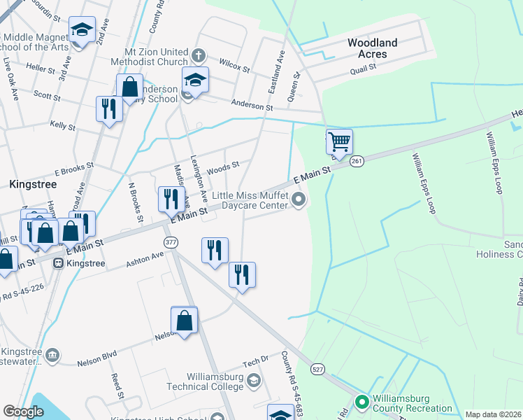 map of restaurants, bars, coffee shops, grocery stores, and more near 912 County Road S-45-765 in Kingstree