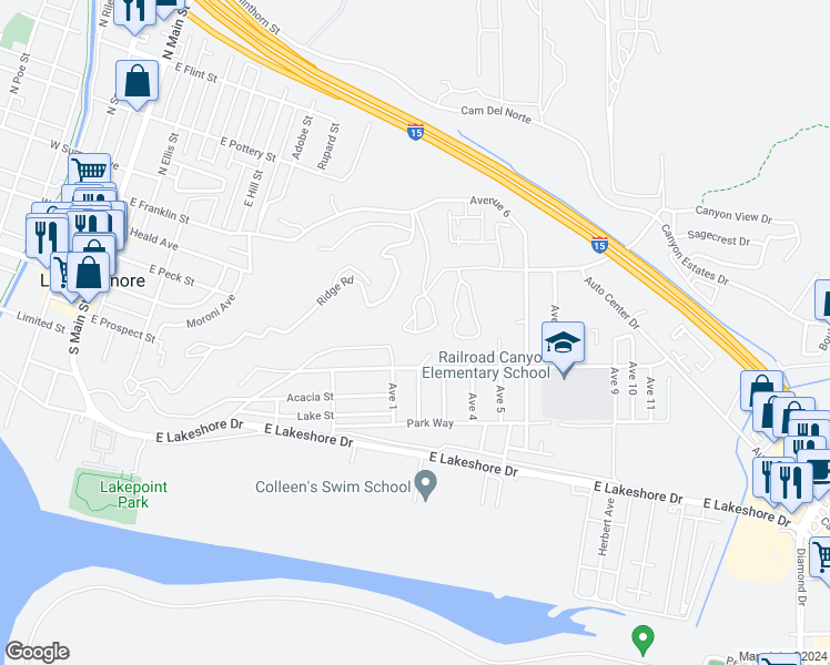 map of restaurants, bars, coffee shops, grocery stores, and more near Cresent in Lake Elsinore