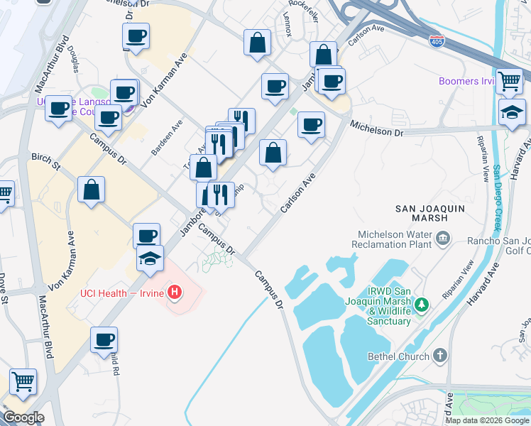 map of restaurants, bars, coffee shops, grocery stores, and more near 3346 Watermarke Place in Irvine