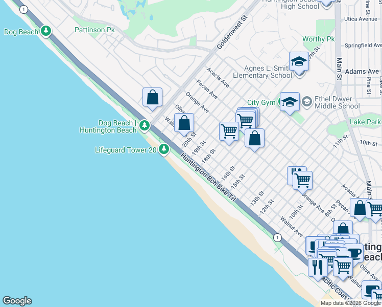 map of restaurants, bars, coffee shops, grocery stores, and more near 1900 California 1 in Huntington Beach