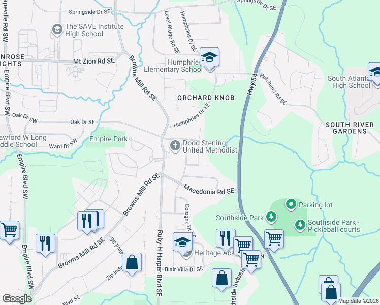 map of restaurants, bars, coffee shops, grocery stores, and more near 3268 Renault Road Southeast in Atlanta