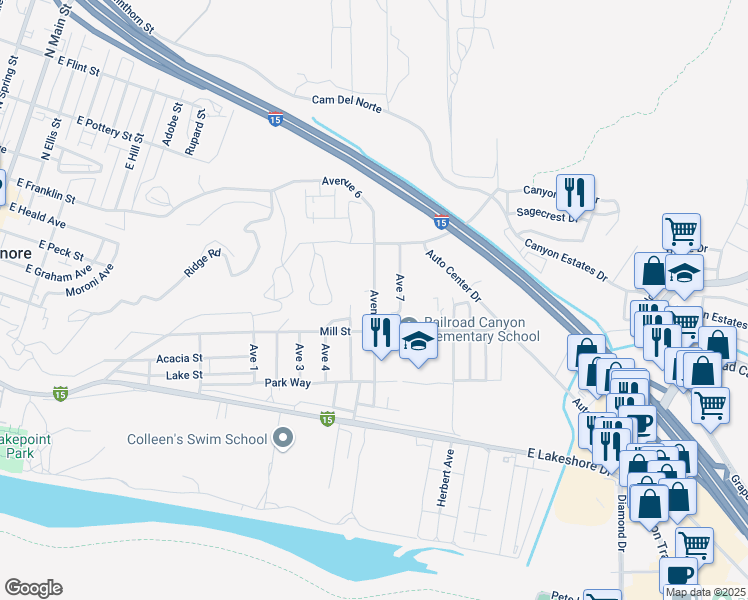 map of restaurants, bars, coffee shops, grocery stores, and more near Avenue 6 in Lake Elsinore