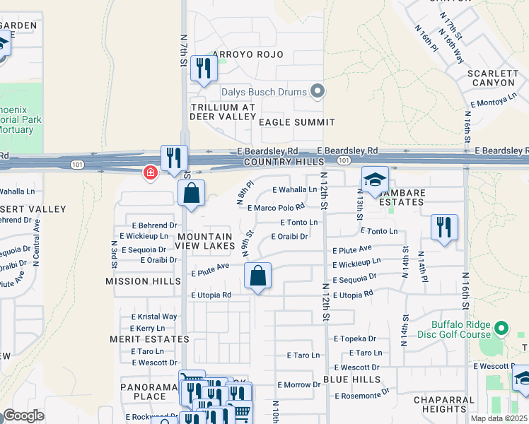 map of restaurants, bars, coffee shops, grocery stores, and more near 924 East Tonto Lane in Phoenix