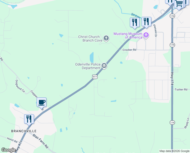 map of restaurants, bars, coffee shops, grocery stores, and more near 12600 U.S. 411 in Odenville