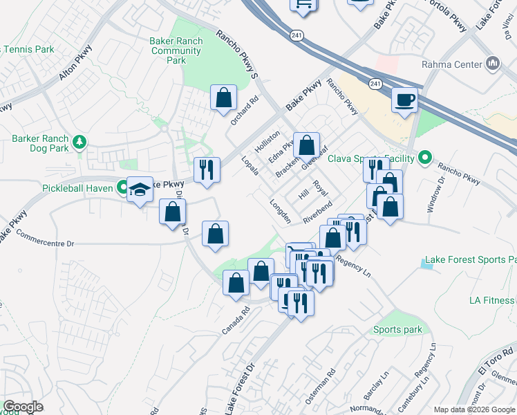 map of restaurants, bars, coffee shops, grocery stores, and more near 281 Burwood in Lake Forest