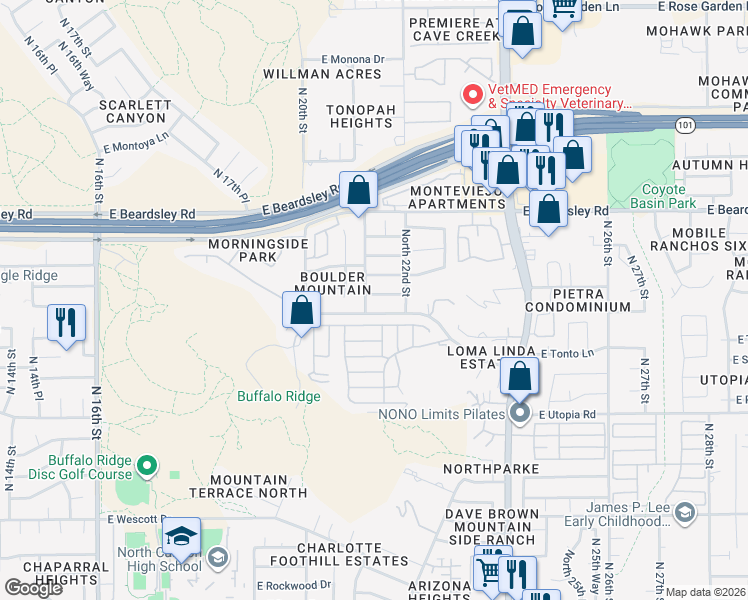 map of restaurants, bars, coffee shops, grocery stores, and more near 2116 East Behrend Drive in Phoenix