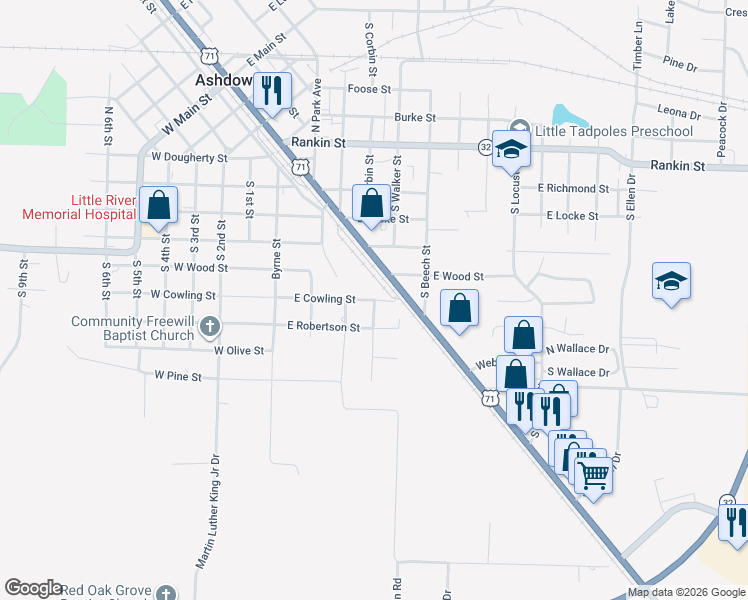 map of restaurants, bars, coffee shops, grocery stores, and more near 600 South Corbin Street in Ashdown
