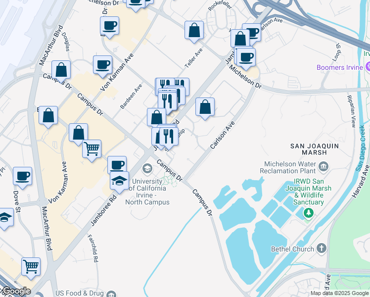 map of restaurants, bars, coffee shops, grocery stores, and more near 3211 Watermarke Place in Irvine