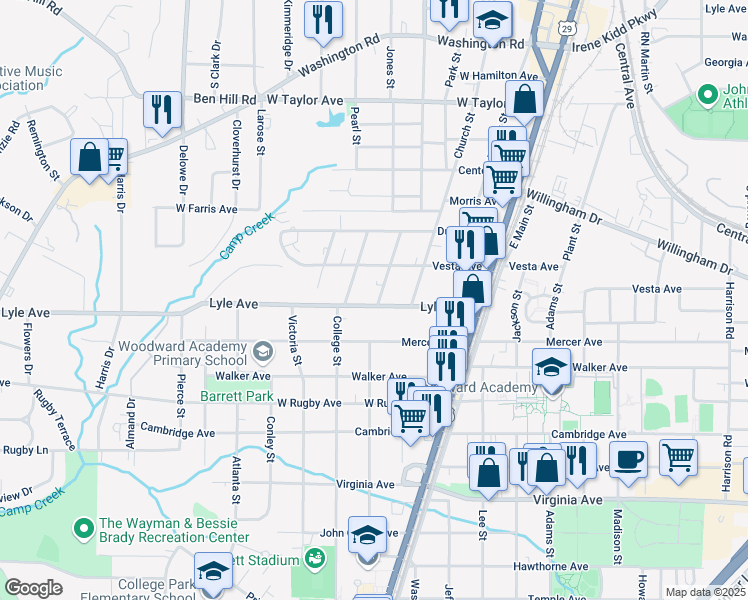 map of restaurants, bars, coffee shops, grocery stores, and more near 1861 Lyle Avenue in Atlanta