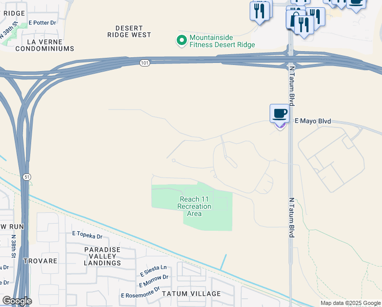 map of restaurants, bars, coffee shops, grocery stores, and more near 4555 East Mayo Boulevard in Phoenix
