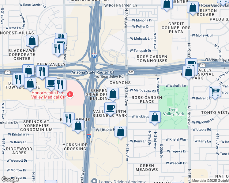 map of restaurants, bars, coffee shops, grocery stores, and more near 2323 West Behrend Drive in Phoenix