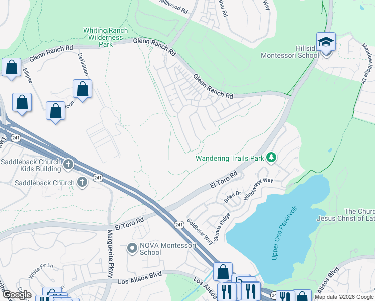 map of restaurants, bars, coffee shops, grocery stores, and more near 1732 Sonora Creek Lane in Trabuco Canyon