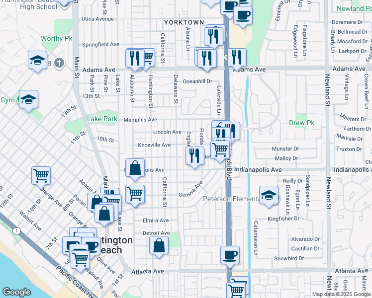 map of restaurants, bars, coffee shops, grocery stores, and more near 1006 England Street in Huntington Beach