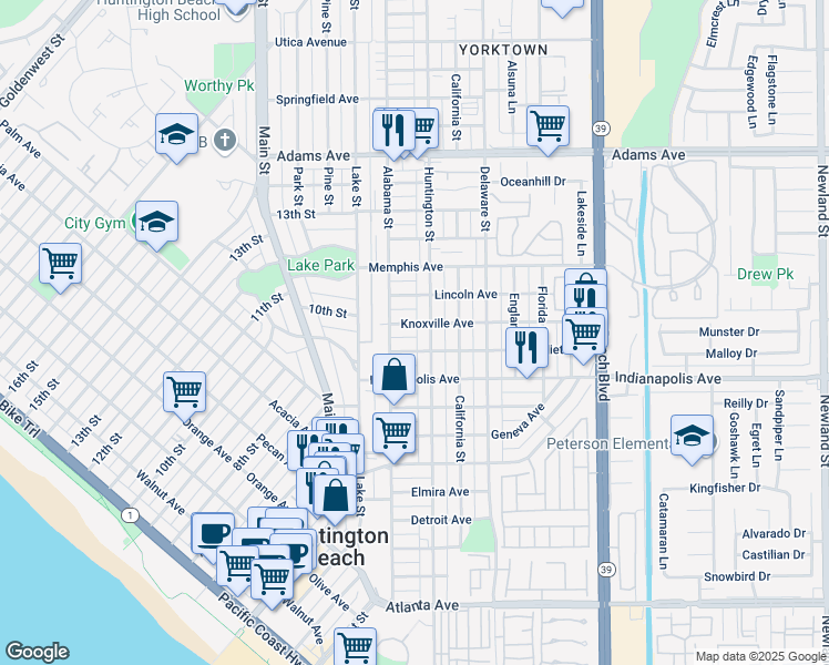map of restaurants, bars, coffee shops, grocery stores, and more near 213 Joliet Avenue in Huntington Beach