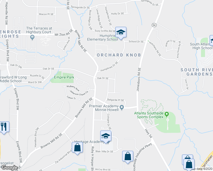 map of restaurants, bars, coffee shops, grocery stores, and more near 3268 Renault Road Southeast in Atlanta