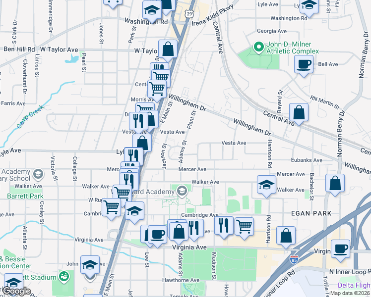 map of restaurants, bars, coffee shops, grocery stores, and more near 3271 Adams Street in Atlanta