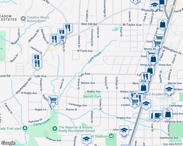 map of restaurants, bars, coffee shops, grocery stores, and more near 2050 Lyle Avenue in College Park