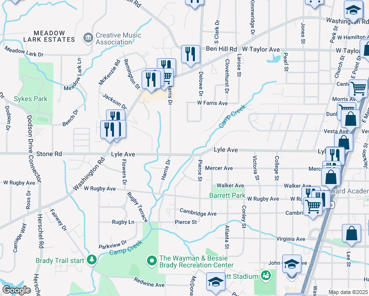 map of restaurants, bars, coffee shops, grocery stores, and more near 2143 Lyle Avenue in College Park